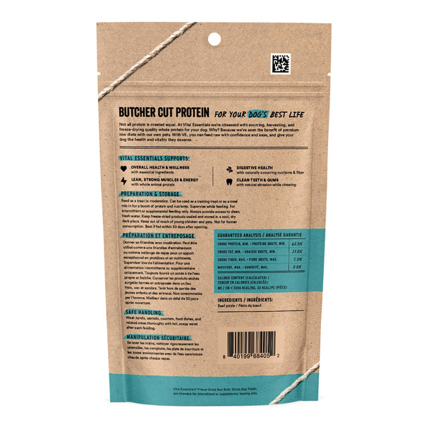 Vital Essentials Freeze Dried Bully Sticks Dog Treats 1.4 Oz 3 Count
