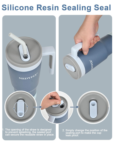 Tumbler with Handle and Straw Stainless Steel Water Bottle Car Cup Holder Friendly Travel Mug Cup-Dark Blue 40 oz