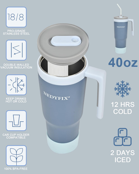Tumbler with Handle and Straw Stainless Steel Water Bottle Car Cup Holder Friendly Travel Mug Cup-Dark Blue 40 oz