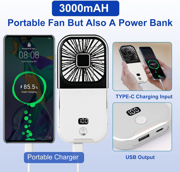 Portable Digital Display Personal Handheld Fan Foldable, Mini Quiet Usb Rechargeable Necklace Fans With 3000Mah Power Bank