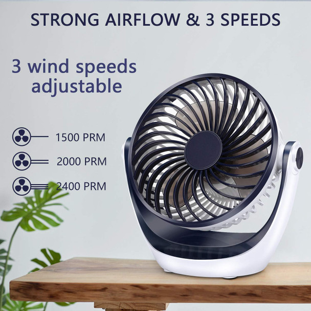 Aluan Desk Fan Small Table Fan With Strong Airflow Rechargeable Battery Operated Portable Fan 3 Speeds Adjustable Head 360°Rotata