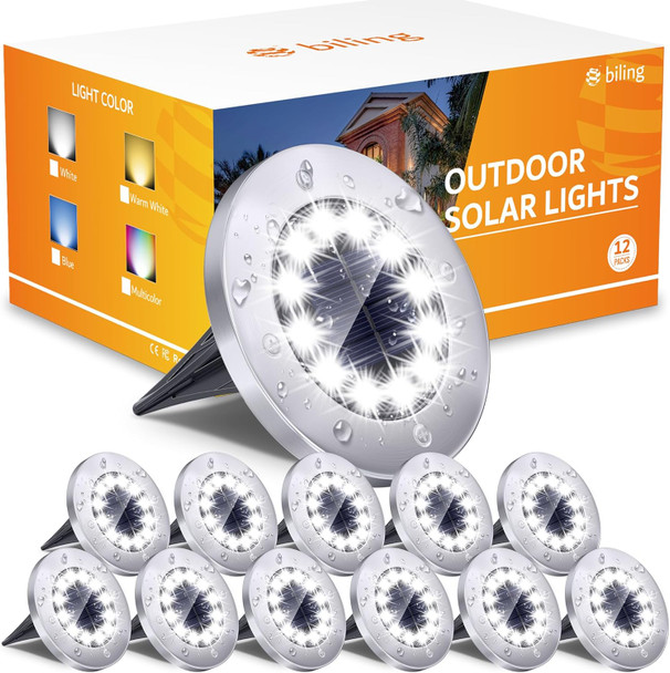 Biling Solar Outdoor Lights 12 Pack, Bright 12 Leds Solar Ground Lights Waterproof, Flat Pathway Lights Solar Powered For Yard