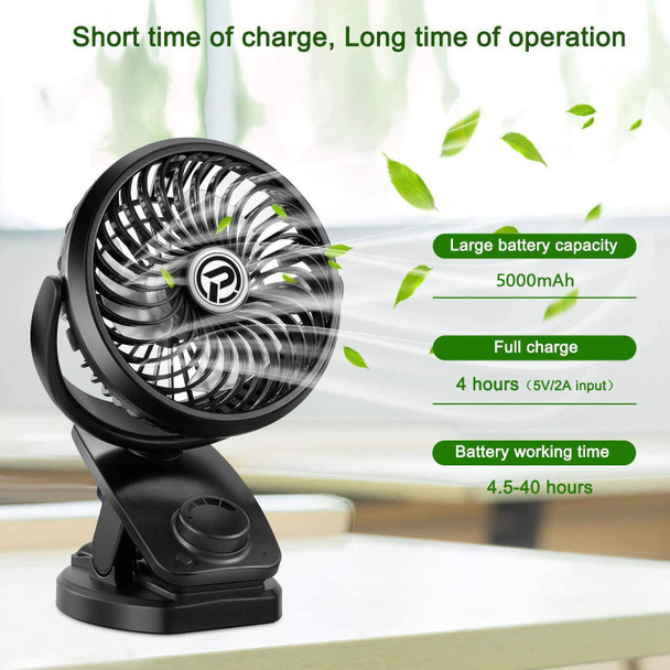 F170 Clip On Fan Auto Rotation Personal Fan 5000 Mah Battery Operated Fan, Usb Desk Fan Stepless Speeds Control, Powerful Airflow