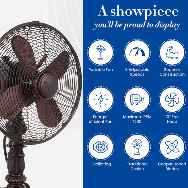 Decobreeze Oscillating Table Fan, 3 Speed Portable Fan, Kipling, Antique Metal Fan, 10 Inches