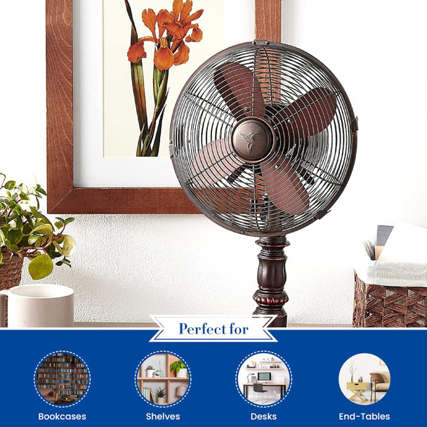 Decobreeze Oscillating Table Fan, 3 Speed Portable Fan, Kipling, Antique Metal Fan, 10 Inches