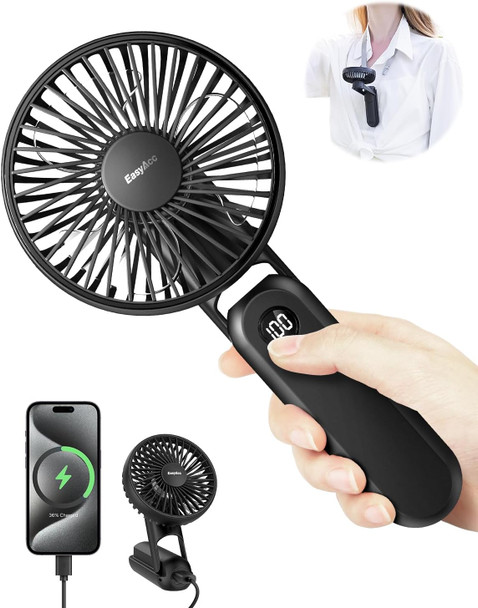 Easyacc Portable Fan For Travel,Rechargeable Handheld Fan, 5 Speed Ultra Quiet 18H Max Cooling Time] With Backup Power Digital