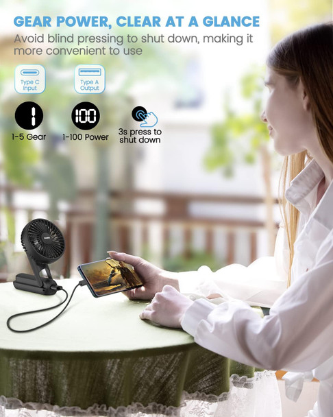 Easyacc Portable Fan For Travel,Rechargeable Handheld Fan, 5 Speed Ultra Quiet 18H Max Cooling Time] With Backup Power Digital