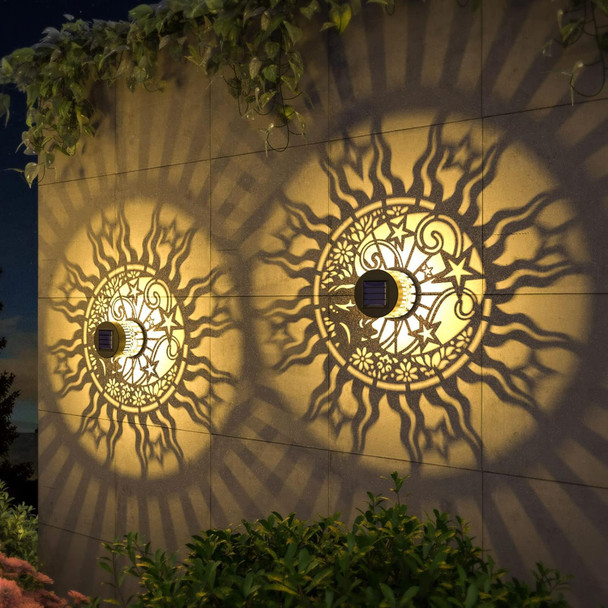 2 Pack Solar Fence Lights Solar Outdoor Wall Lights Metal Solar Powered Deck Lights Sun Moon Theme Waterproof Fence Solar Light