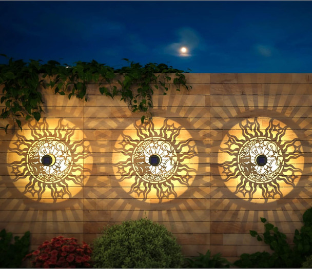 2 Pack Solar Fence Lights Solar Outdoor Wall Lights Metal Solar Powered Deck Lights Sun Moon Theme Waterproof Fence Solar Light