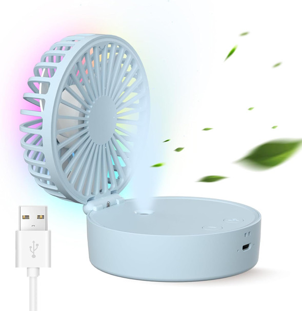 Mini Desk Fan, 3In1 Portable Misting Fan, Necklace Hand Fan With Colorful Led, Small Handheld Fan Foldable, Quiet, Lanyard