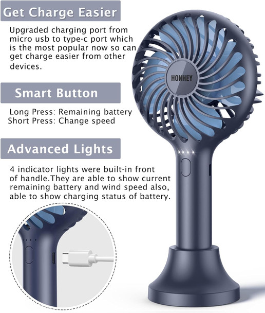 Honhey Handheld Fan Portable, Mini Hand Held Fan With Usb Rechargeable Battery, 4 Speed Personal Desk Table Fan With Base Honhey Handheld Fan Portable, Mini Hand Held Fan With Usb Rechargeable Battery, 4 Speed Personal Desk Table Fan With Base