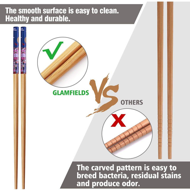 Glamfields 10Pairs Handmade Natural Bamboo Chopsticks Healthy Asian Japanese Korean Noodles Sushi
