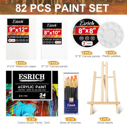 Esrich Acrylic Paint Canvas Set48Color Acrylic Painting Kit Painting Supplies Kit With 82 Pcs