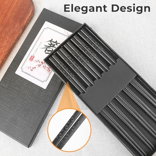 Culieavalre Fiberglass Chopsticks Reusable Set 5 Pairs Black GiftBoxed 9.5 Inch Black
