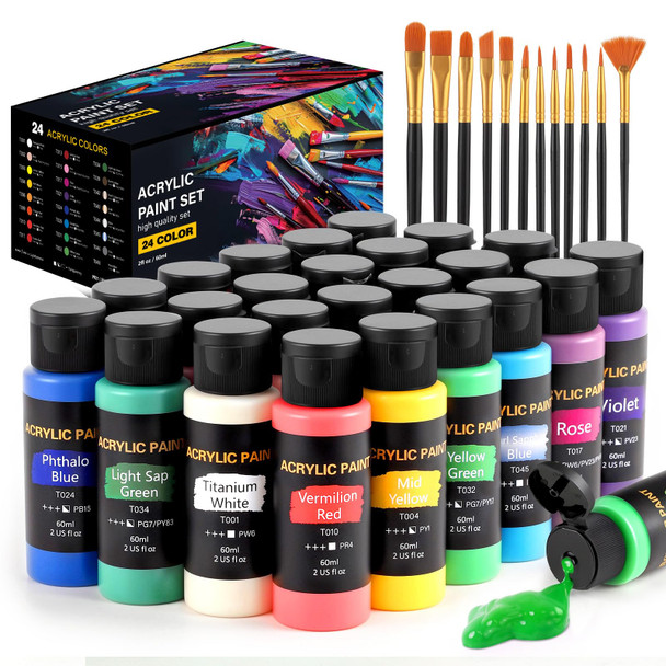 Tmol Acrylic Paint Set 24 Colors /Bottle) With 12 Art Brushes Art 2 Oz
