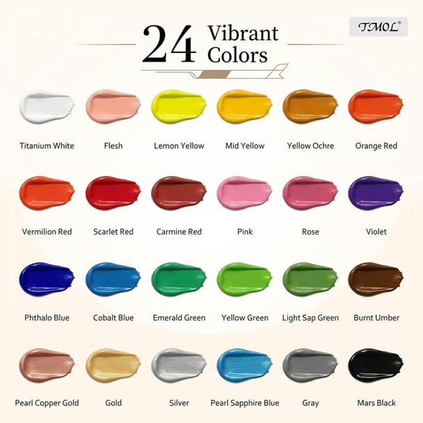 Tmol Acrylic Paint Set 24 Colors /Bottle) With 12 Art Brushes Art 2 Oz
