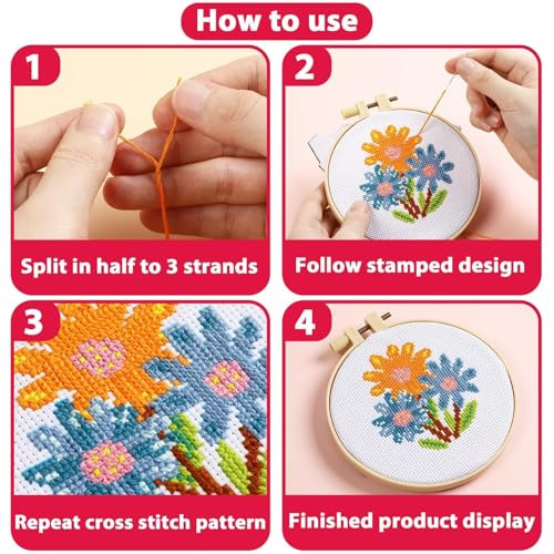 Zoiiwa Summer Themed Flower Cross Sewing Kits For Beginners Flower Diy Embroidery 6Pcs