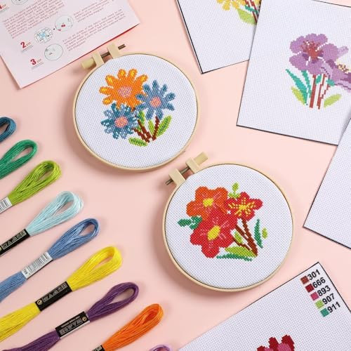 Zoiiwa Summer Themed Flower Cross Sewing Kits For Beginners Flower Diy Embroidery 6Pcs