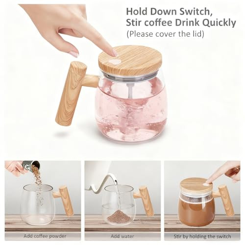 Vellryu Automatic Stirring Mug Glass Self Stirring Cup With Detachable Stirring Rod 13.5Oz