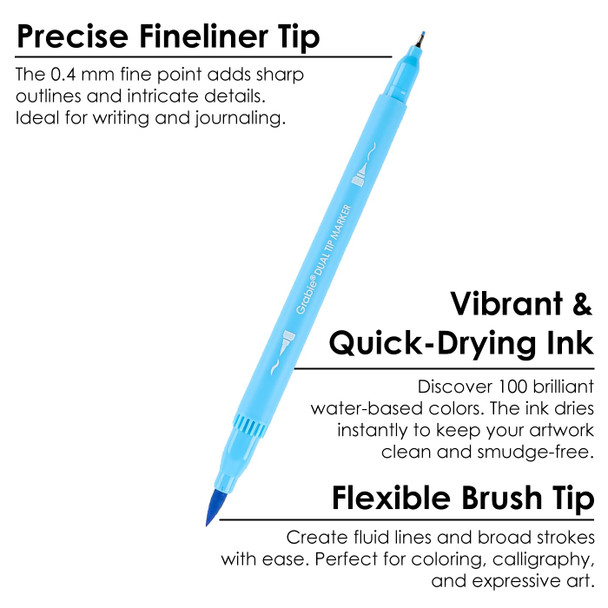 Grabie Dual Tip WaterBased Sketch Marker Set Of 100 Fineliner and Brush Set Of 100