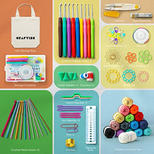 Craftiss Crochet Kit + Black Yarn Storage Bag Bundle 158 Pcs Black