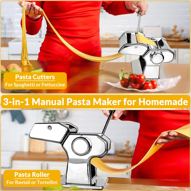 Zenadora Pasta Maker With 7 Thickness Settings Roller 2In1 Cutter Hand Crank Stainless Steel