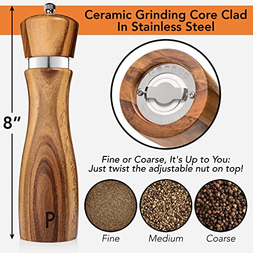 Gennua Kitchen Wooden Salt And Pepper Grinder Set: Refillable Salt and Pepper Mills 8 Inches Stainless Steel
