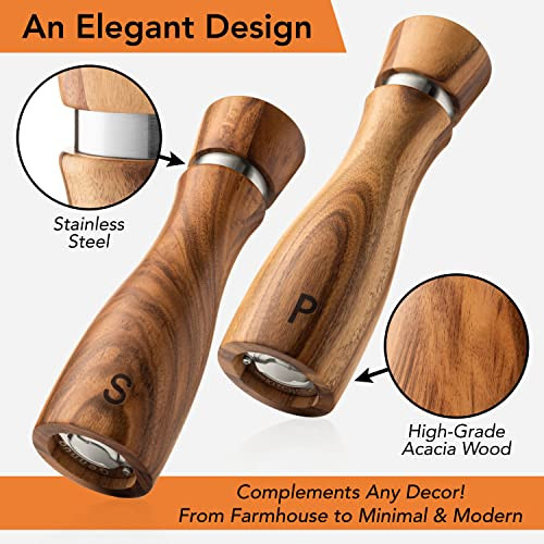 Gennua Kitchen Wooden Salt And Pepper Grinder Set: Refillable Salt and Pepper Mills 8 Inches Stainless Steel