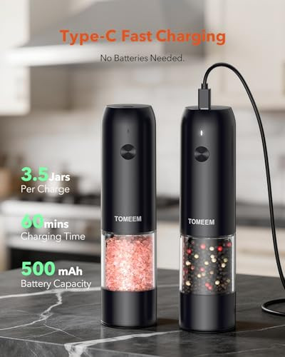 Tomeem Electric Salt And Pepper Grinder Set With Led Lights'rechargeable Automatic Pepper