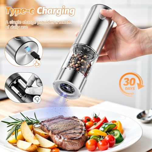Homehacks Upgraded Larger Capacity Electric Salt And Pepper Grinder Set Rechargeable TypeC Stainless Steel