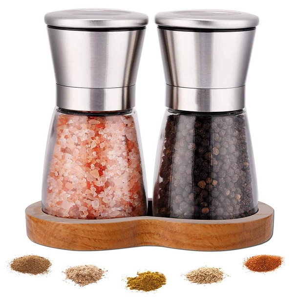 Lessmo Salt And Pepper Grinder Set With Wooden Standing Tray Refillable Pepper Stainless Steel