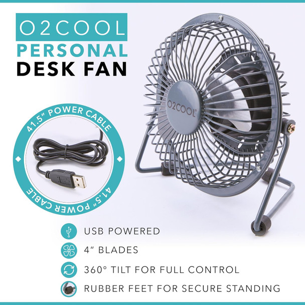 O2Cool 4 Inch Usb Powered Table  Desk Personal Fan  Grey