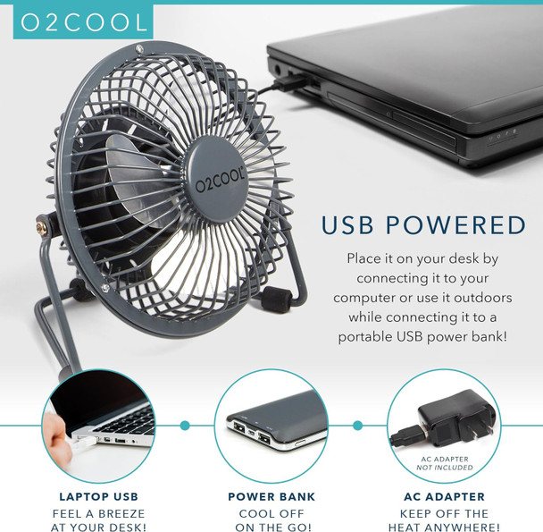 O2Cool 4 Inch Usb Powered Table  Desk Personal Fan  Grey