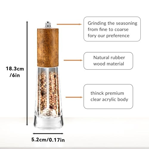 Daily Treasures Acrylic Pepper Grinder Wooden Mill VisibleRefillable Pepper Grinder With Adjustable ScrewSalt 8 Inches 2 Pack