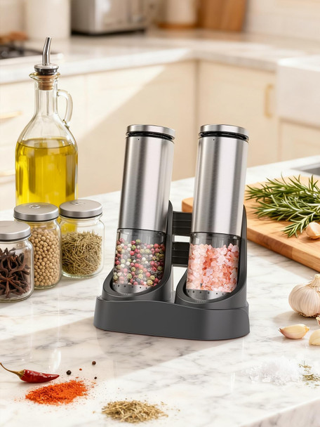 Uvellgift Electric Salt And Pepper Grinder Set With Charging Base: Rechargeable Automatic Stainless Steel