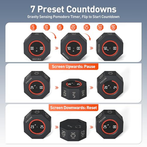 Secura Brands Pomodoro Timer For Adhd and Productivity Flip Cube Timer With 7 Gray