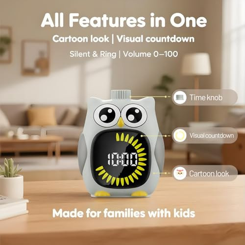 Mayroxe Grey BigEyed Owl Visual Timer For KidsClassroom Timer Time Out TimerUp Grey