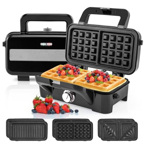 Becomfort 3 In 1 Waffle Maker Sandwich Press W/3 Removable NonStick Plates