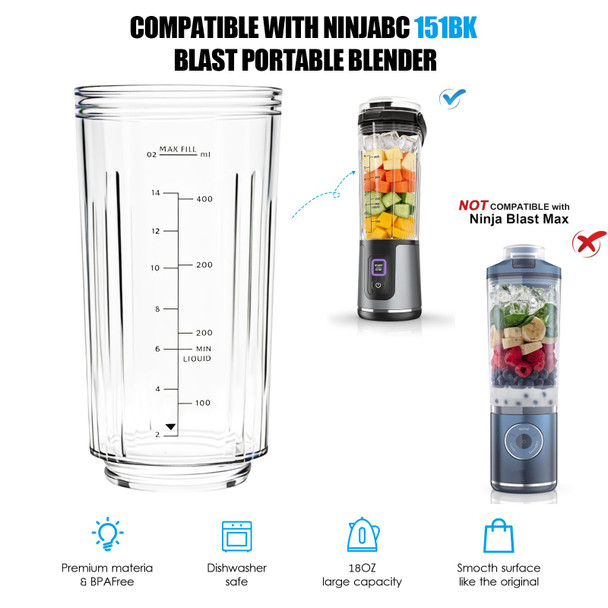 Psasrm Blender Cup Compatible With Ninja Blast Portable BlenderBlending Vessel Cap 18Oz Grey