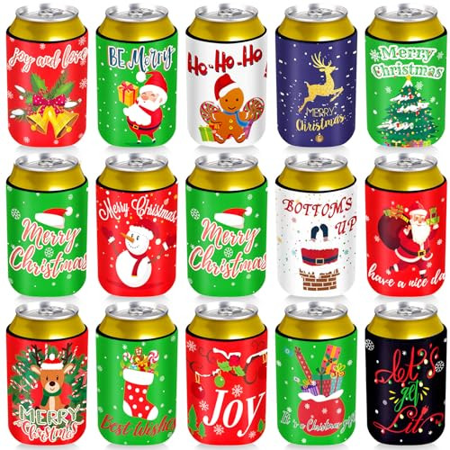 Zopeal Christmas Beer Can Coolers Sleeves Xmas Holiday Beverages Can Neoprene Coolers 15 Pieces