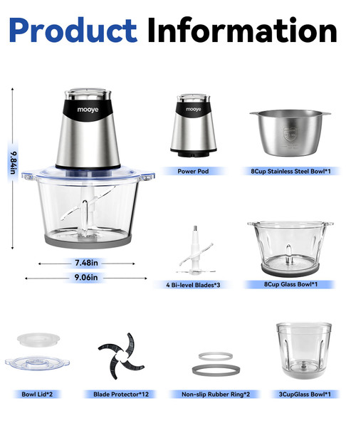 Mooye Food Processors Electric Food Chopper With Meat Grinder and Vegetable Chopper 8Cup 3 Sets