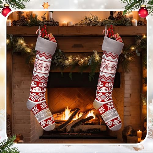 Vertintong Vintage Large Christmas Stockings Extra Long Knitted Red Grey White Winter 25.6 Inch 2 Pack