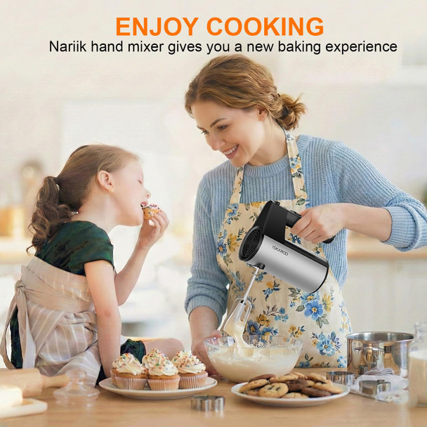 Nariik Electric Hand Mixer Kitchen Handheld Mixer Turbo Boost/SelfControl Speed + 5 Stainless Steel