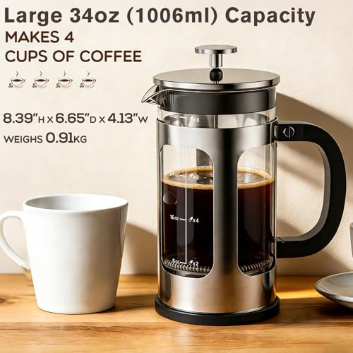 Moyac French Press Coffee Maker Heat Resistant Thickened Glass Stainless Steel Brewer 34Oz Stainless Steel