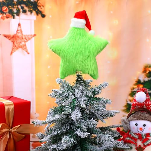 Vertintong Plush Christmas Star Tree Topper 9.84 Green Furry Star Xmas Tree Green