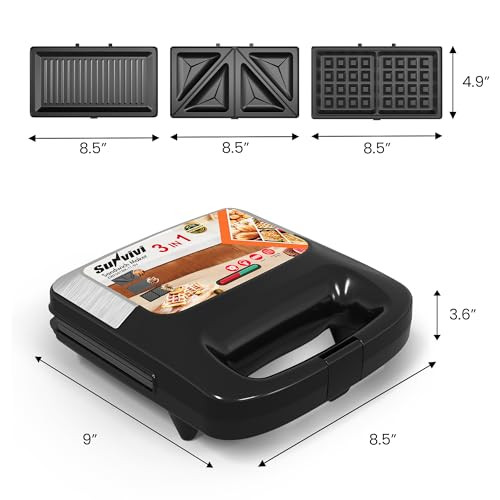 Sunvivipro 3 In 1 Waffle Grill and Sandwich Maker Sandwich Maker Panini 800W Silver
