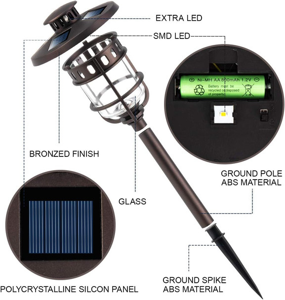 Solpex 6 Pack Solar Path Lights Outdoor, Glass And Bronze Finished, High Lumen Output 2 Bright Leds Light, Waterproof Automatic