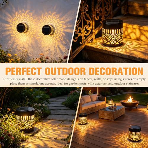 Bajorp Decorative Solar Mandala LightsSolar Powered Outdoor Deck Step Wall LightsMandala Theme 2 Pack