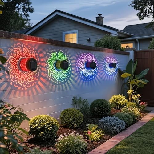 Cocequc Solar Mandala Lights Outdoor7Color Changing Solar Mandala Projection Wall LightWaterproof Led 4 Pack