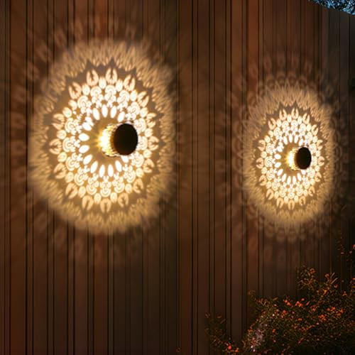 Neoglint Solar Mandala Fence Lights Decorative Metal Solar Powered Outdoor Wall Deck 2 Pack White
